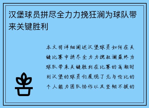 汉堡球员拼尽全力力挽狂澜为球队带来关键胜利