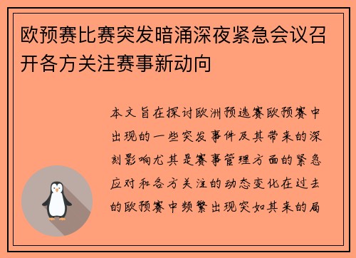 欧预赛比赛突发暗涌深夜紧急会议召开各方关注赛事新动向