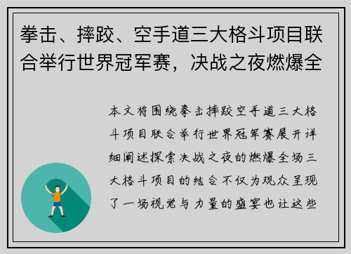 拳击、摔跤、空手道三大格斗项目联合举行世界冠军赛，决战之夜燃爆全场