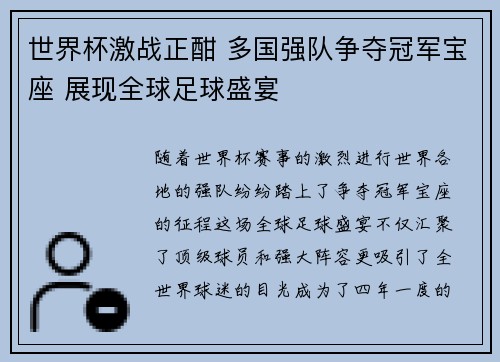 世界杯激战正酣 多国强队争夺冠军宝座 展现全球足球盛宴