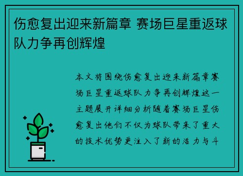 伤愈复出迎来新篇章 赛场巨星重返球队力争再创辉煌
